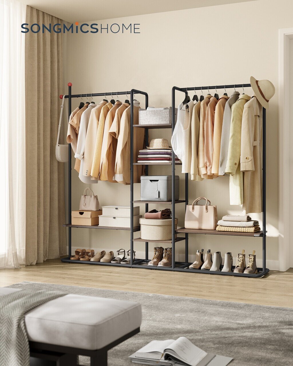 Suport haine cu rafturi si bare, Songmics, 6 rafturi, 2 bare, 163.6x33.8x175.3 cm, otel/PAL, maro nuc/negru - imagine 6